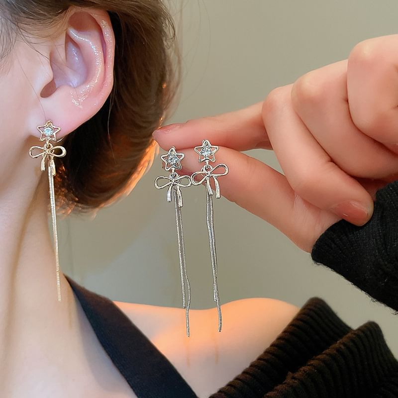 Star Threader bow Rhinestone Earring Alloy