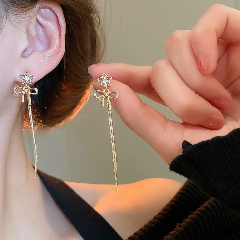 Star Threader bow Rhinestone Earring Alloy