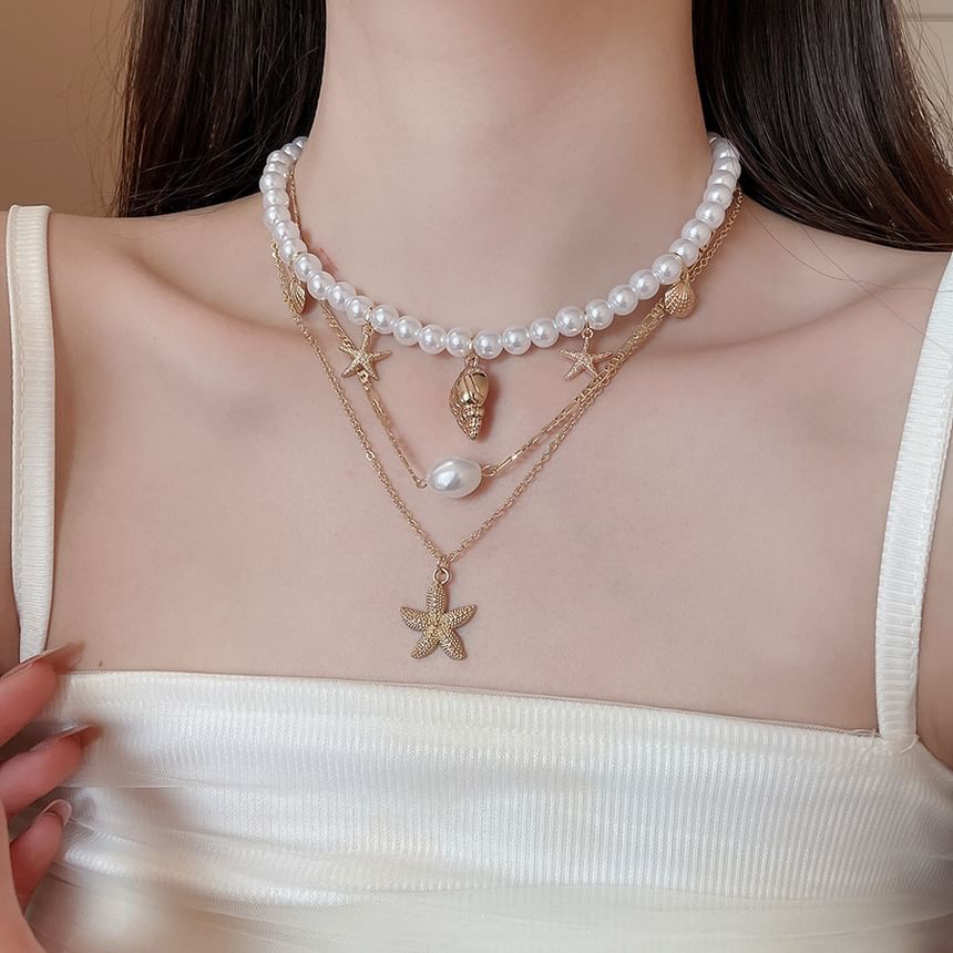 Set + Starfish Necklace 3: Choker Pendant Alloy Pearl of Faux