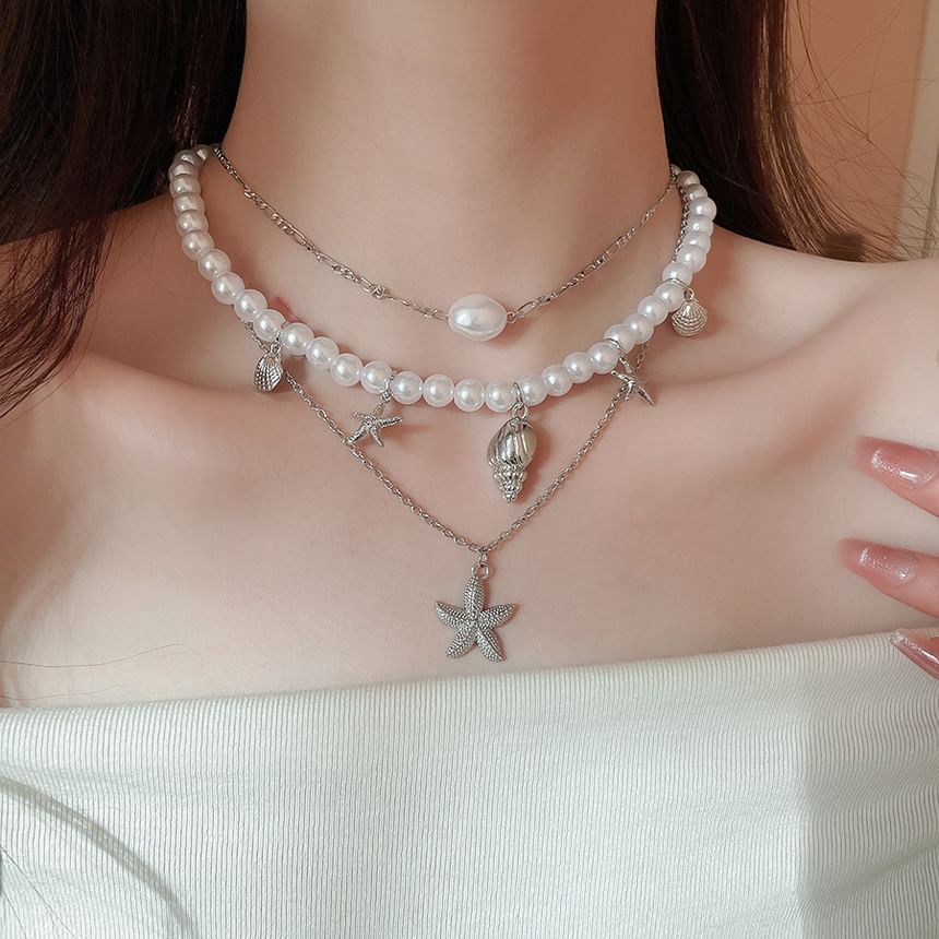 Set + Starfish Necklace 3: Choker Pendant Alloy Pearl of Faux