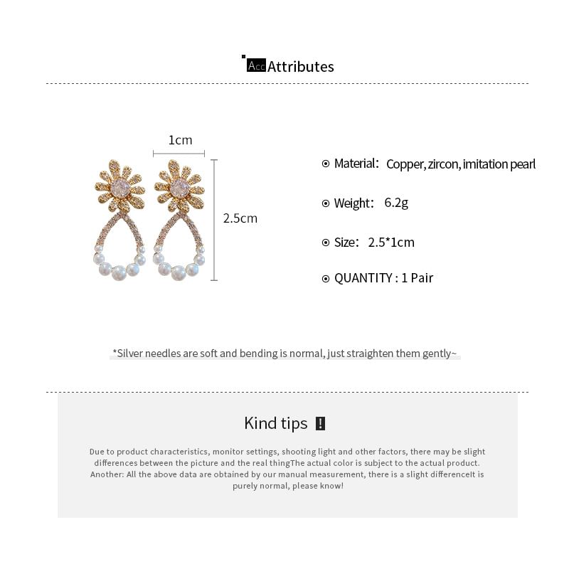 Floral Drop Rhinestone Earring Alloy Faux Pearl