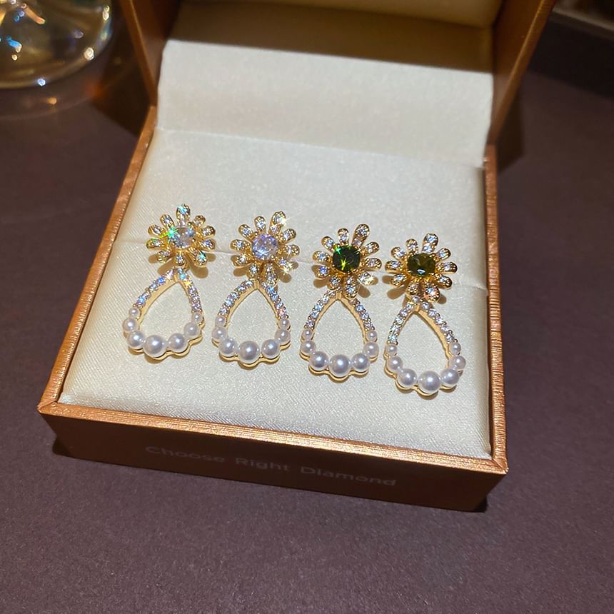 Floral Drop Rhinestone Earring Alloy Faux Pearl