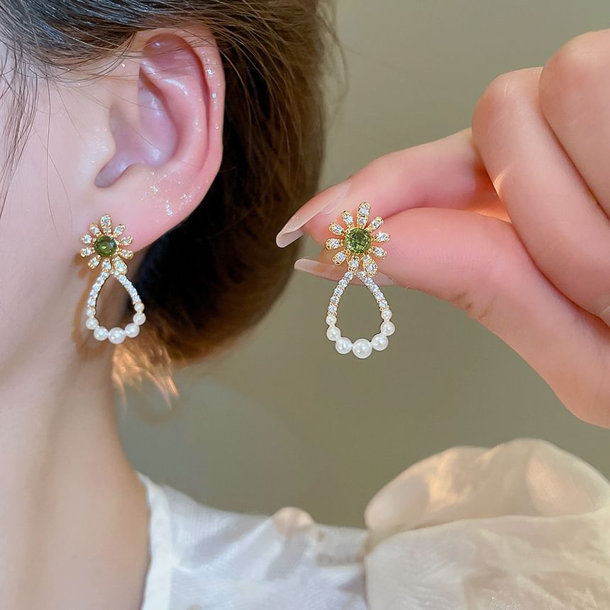 Floral Drop Rhinestone Earring Alloy Faux Pearl