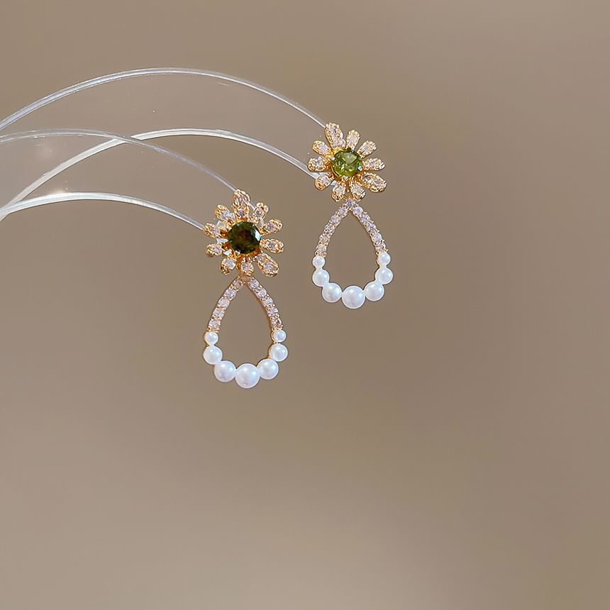 Floral Drop Rhinestone Earring Alloy Faux Pearl