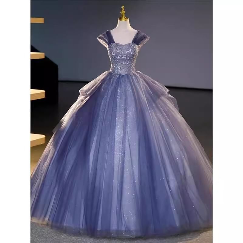 Short-Sleeve Off-Shoulder Sequin Ball Gown