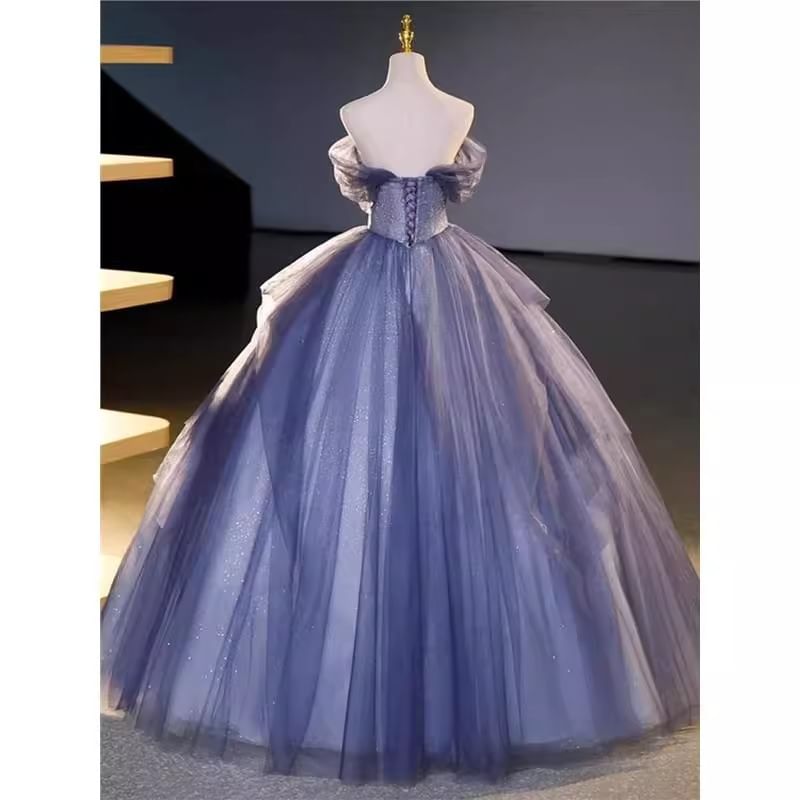 Short-Sleeve Off-Shoulder Sequin Ball Gown