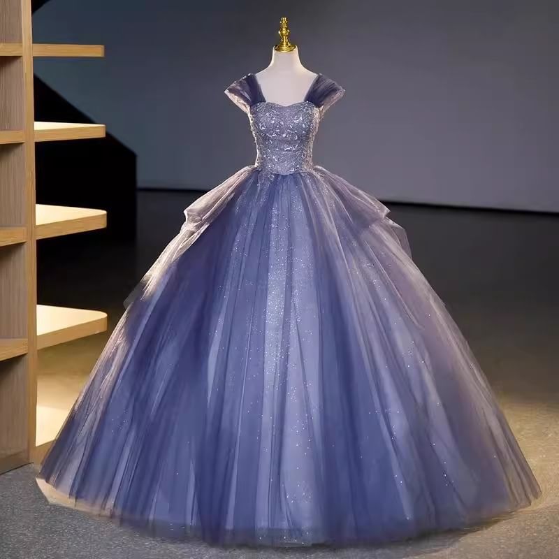 Short-Sleeve Off-Shoulder Sequin Ball Gown