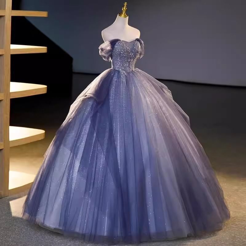 Short-Sleeve Off-Shoulder Sequin Ball Gown