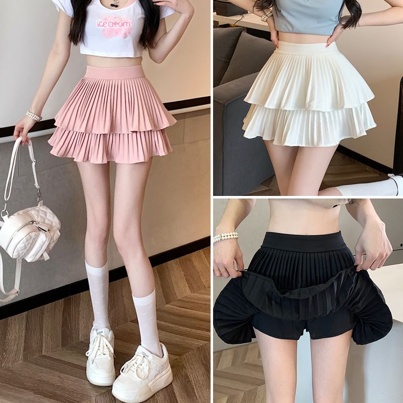 A-Line Tiered Waist Accordion Pleated Mini High Skirt Plain