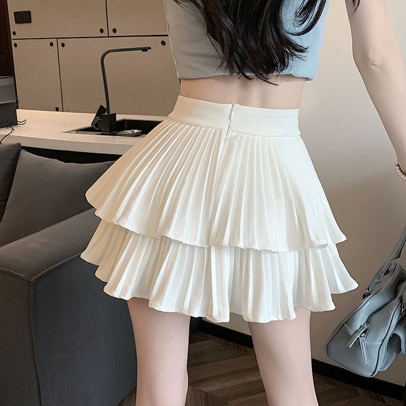 A-Line Tiered Waist Accordion Pleated Mini High Skirt Plain