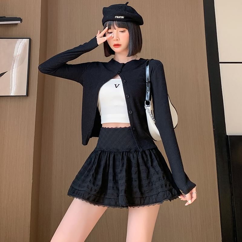 Skirt High Trim Waist Lace Plain A-Line Mini