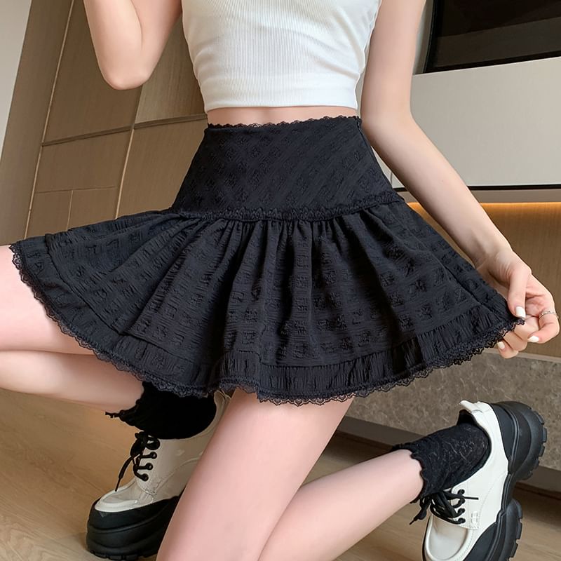 Skirt High Trim Waist Lace Plain A-Line Mini