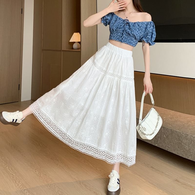 Embroidered Designs) Waist Elastic (Various Midi Plain A-Line Skirt