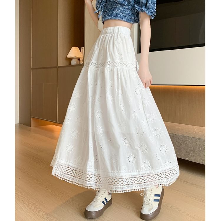 Embroidered Designs) Waist Elastic (Various Midi Plain A-Line Skirt