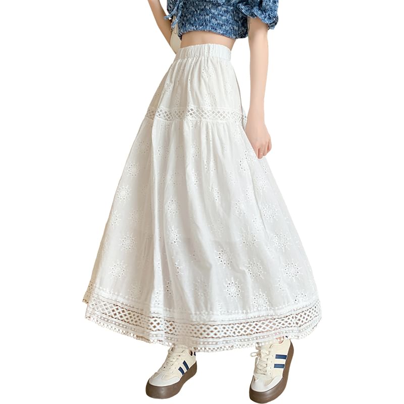 Embroidered Designs) Waist Elastic (Various Midi Plain A-Line Skirt