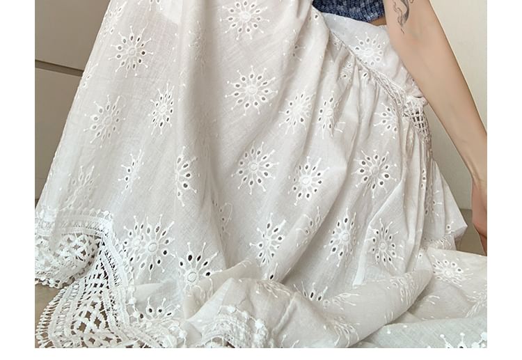 Embroidered Designs) Waist Elastic (Various Midi Plain A-Line Skirt