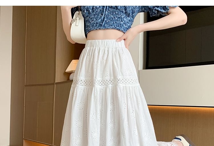 Embroidered Designs) Waist Elastic (Various Midi Plain A-Line Skirt