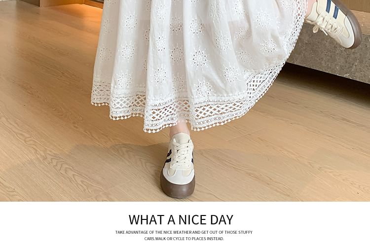 Embroidered Designs) Waist Elastic (Various Midi Plain A-Line Skirt