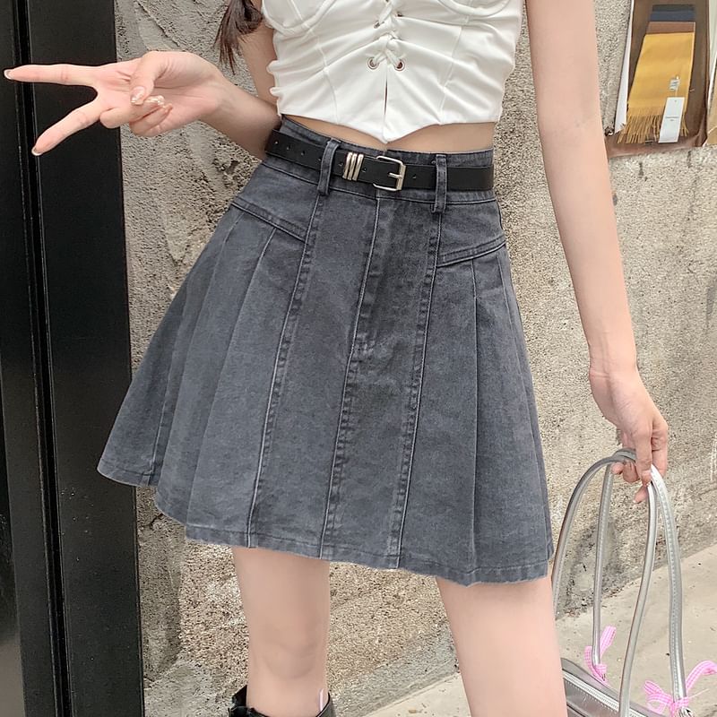 Mini High A-Line Rise Pleated Skirt Denim