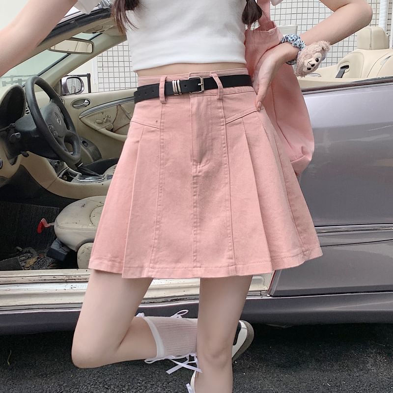 Mini High A-Line Rise Pleated Skirt Denim