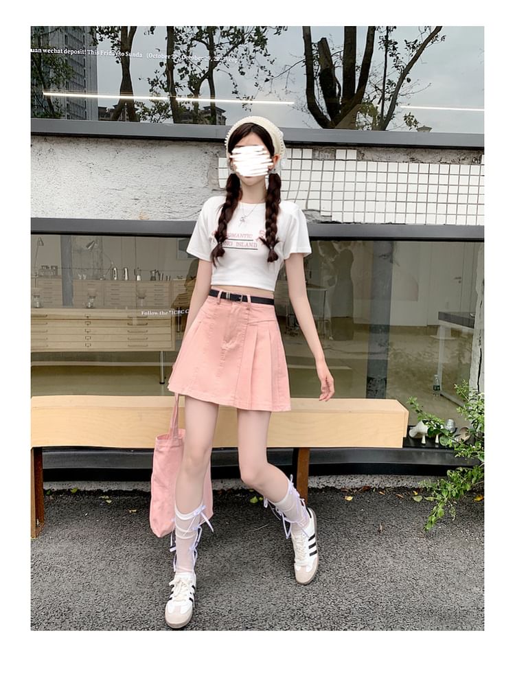 Mini High A-Line Rise Pleated Skirt Denim