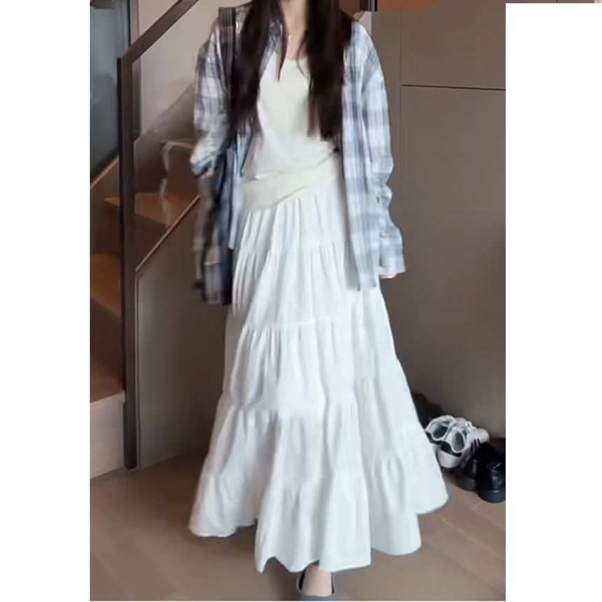 Tiered Waist Elastic Midi Plain A-Line Skirt