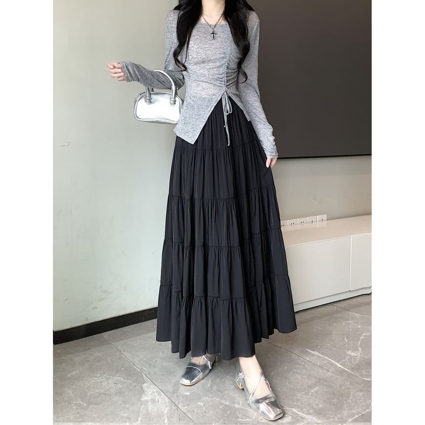 Tiered Waist Elastic Midi Plain A-Line Skirt