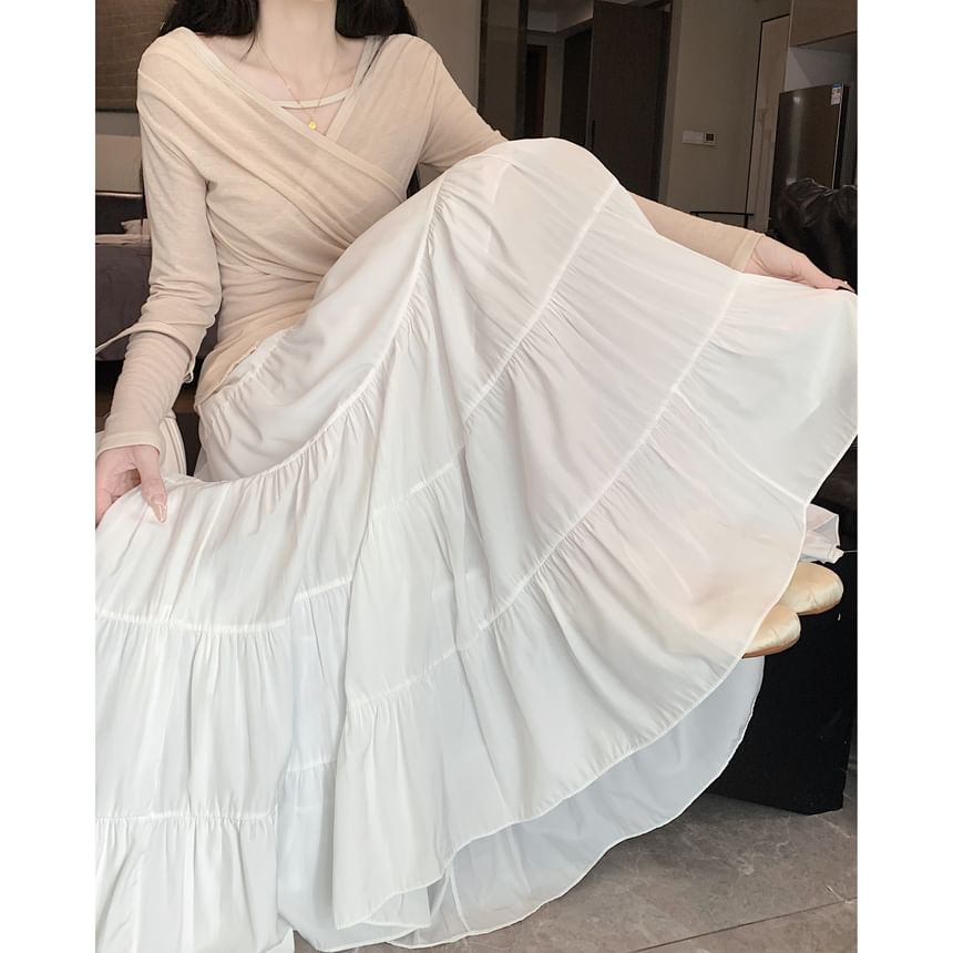 Tiered Waist Elastic Midi Plain A-Line Skirt