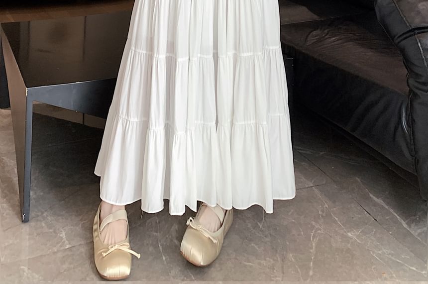 Tiered Waist Elastic Midi Plain A-Line Skirt