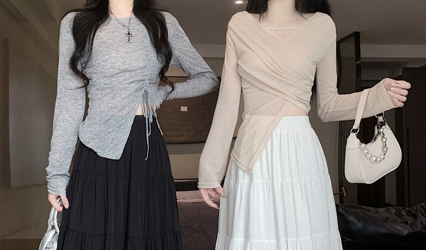 Tiered Waist Elastic Midi Plain A-Line Skirt