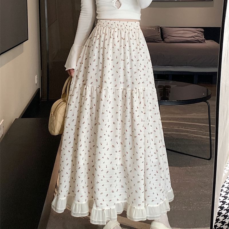 Midi Elastic A-Line Floral Waist Skirt