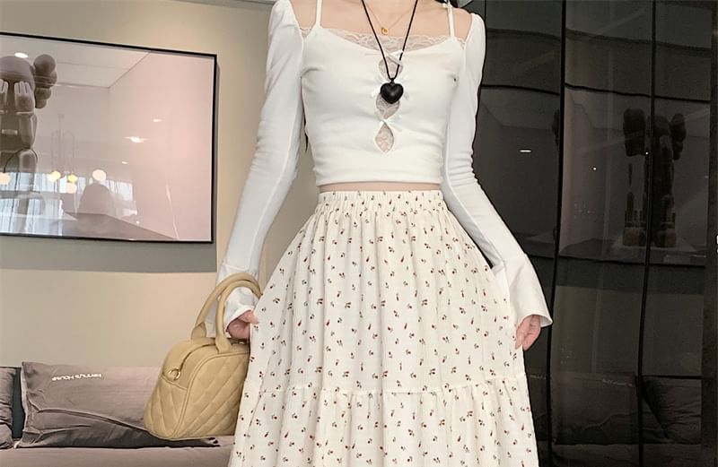 Midi Elastic A-Line Floral Waist Skirt