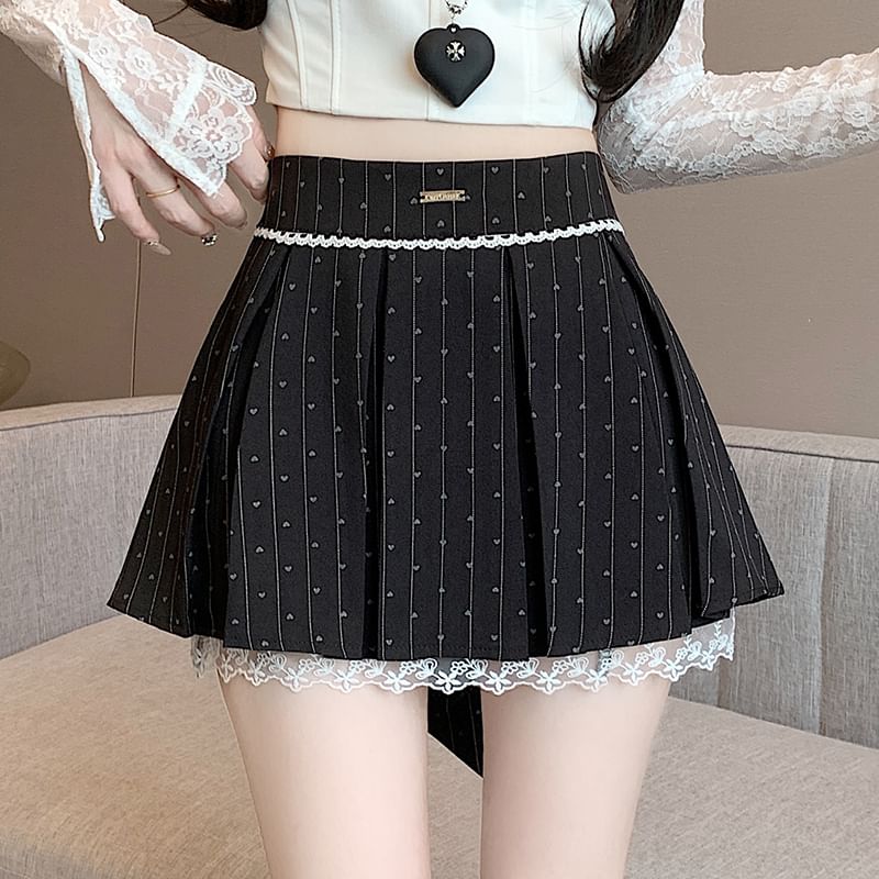 Lace Print Heart Mini Bow Panel Skirt High A-Line Waist