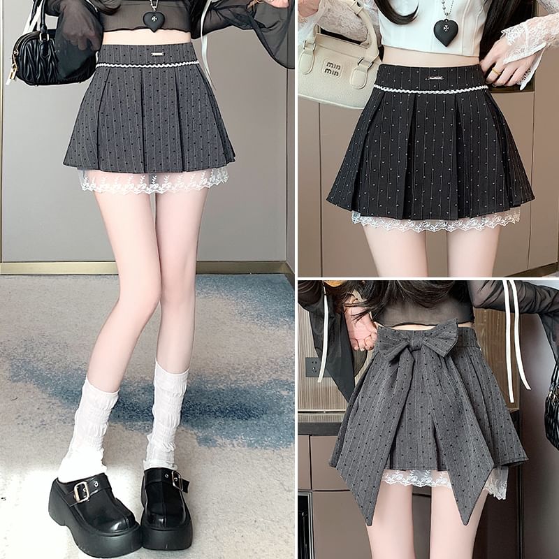 Lace Print Heart Mini Bow Panel Skirt High A-Line Waist