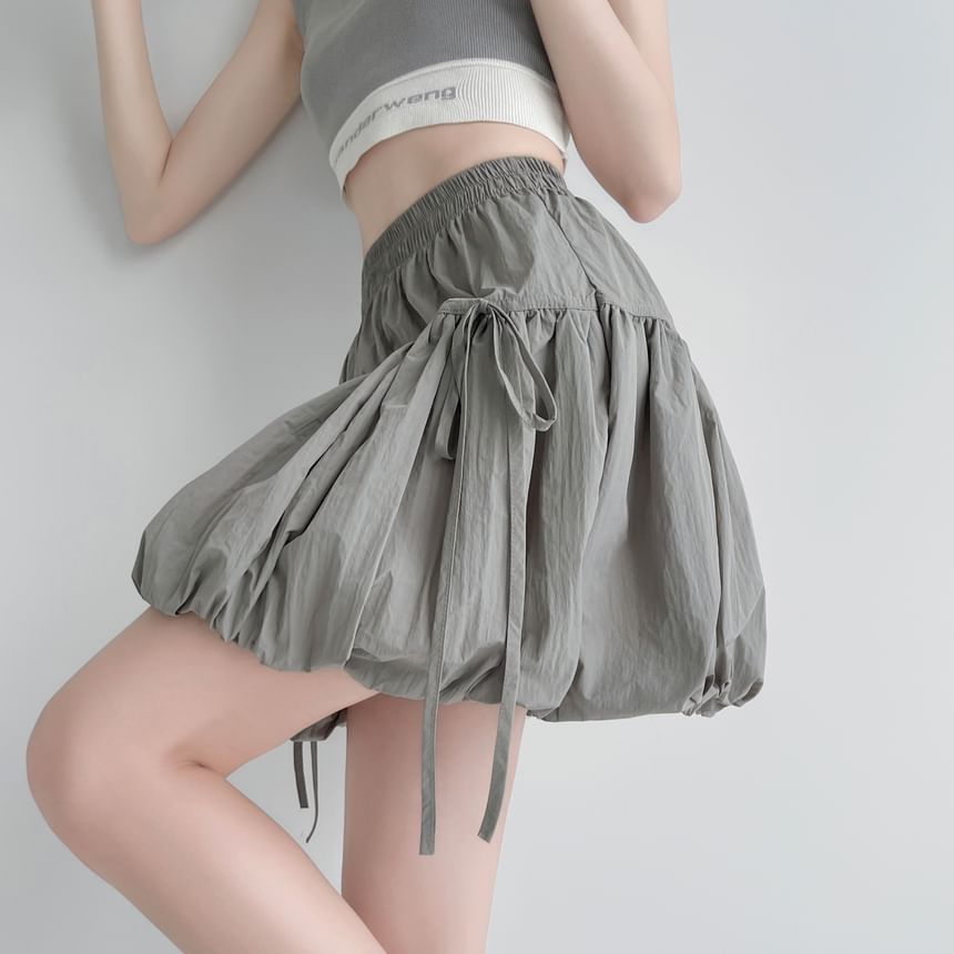 Plain Skirt Mini Hem Elastic Waist Bubble A-Line Bow