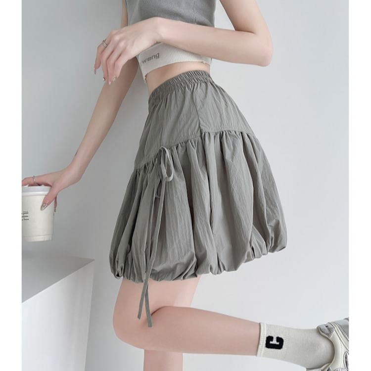 Plain Skirt Mini Hem Elastic Waist Bubble A-Line Bow