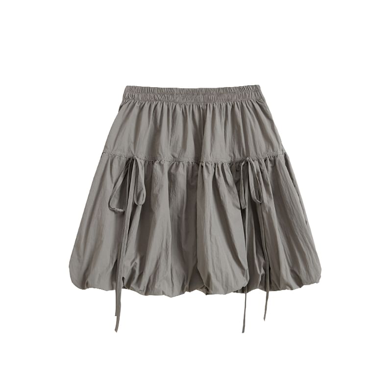 Plain Skirt Mini Hem Elastic Waist Bubble A-Line Bow
