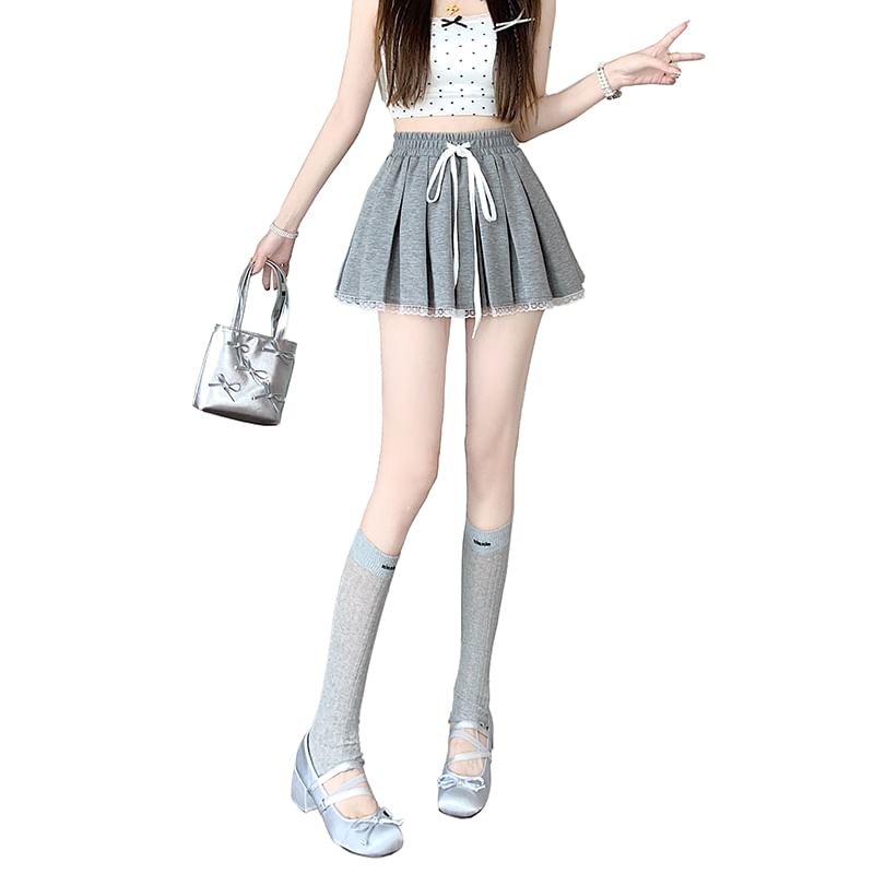 Trim Skirt Drawstring Pleated Lace A-Line Waist Mini