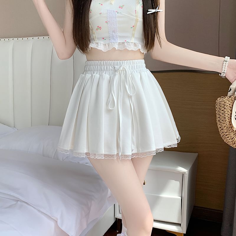 Trim Skirt Drawstring Pleated Lace A-Line Waist Mini