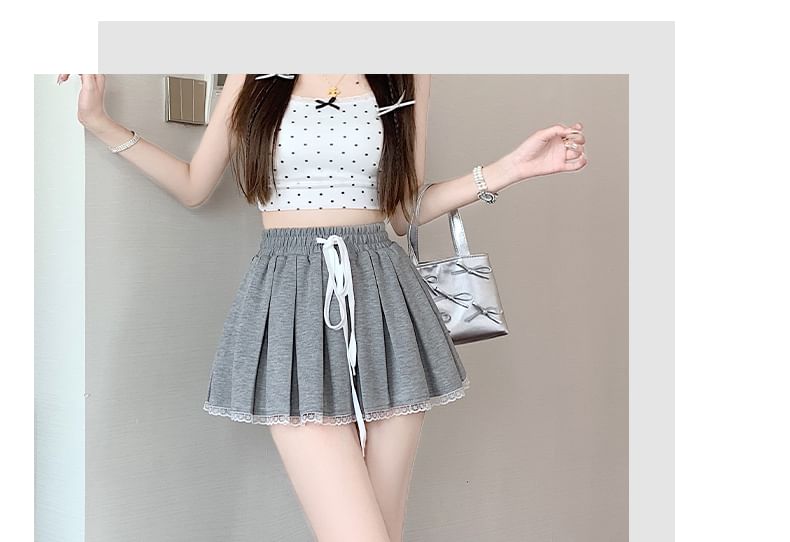 Trim Skirt Drawstring Pleated Lace A-Line Waist Mini