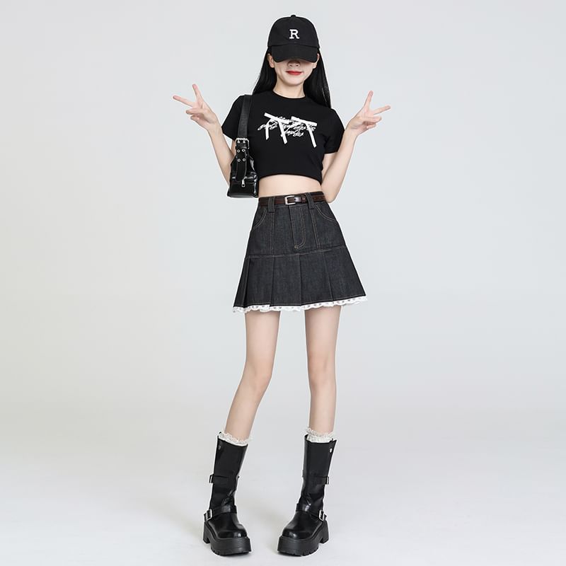 Waist Skort Denim Lace Trim High Pleated