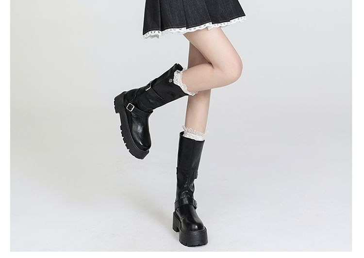 Waist Skort Denim Lace Trim High Pleated