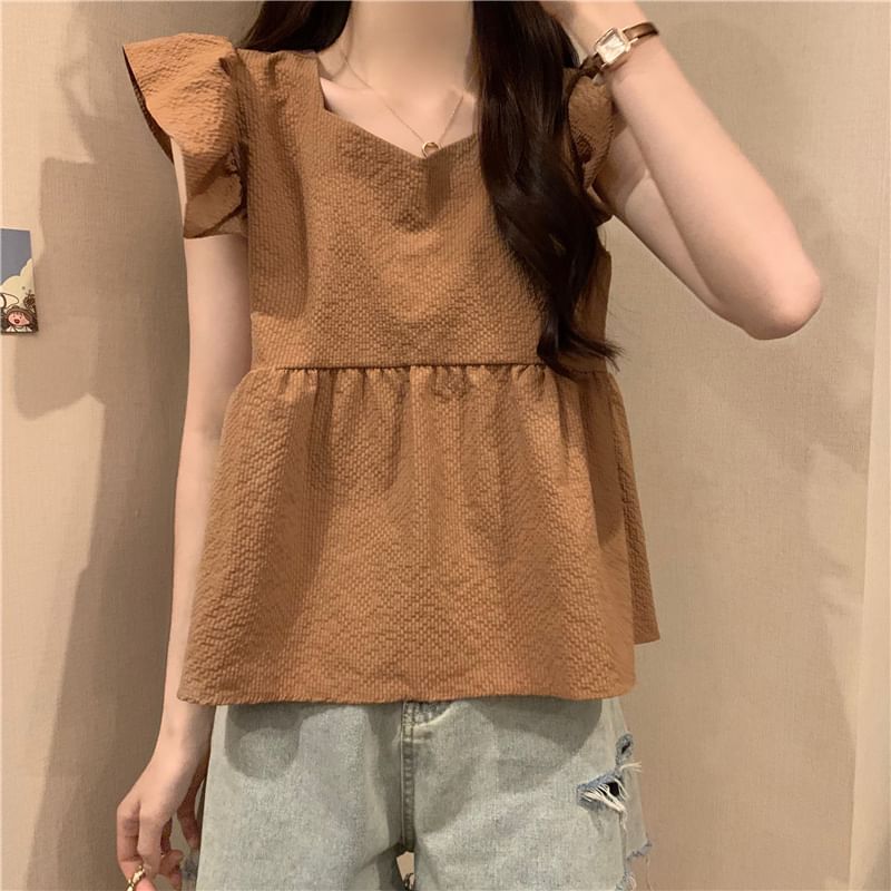 Plain Blouse Peplum Cap-Sleeve