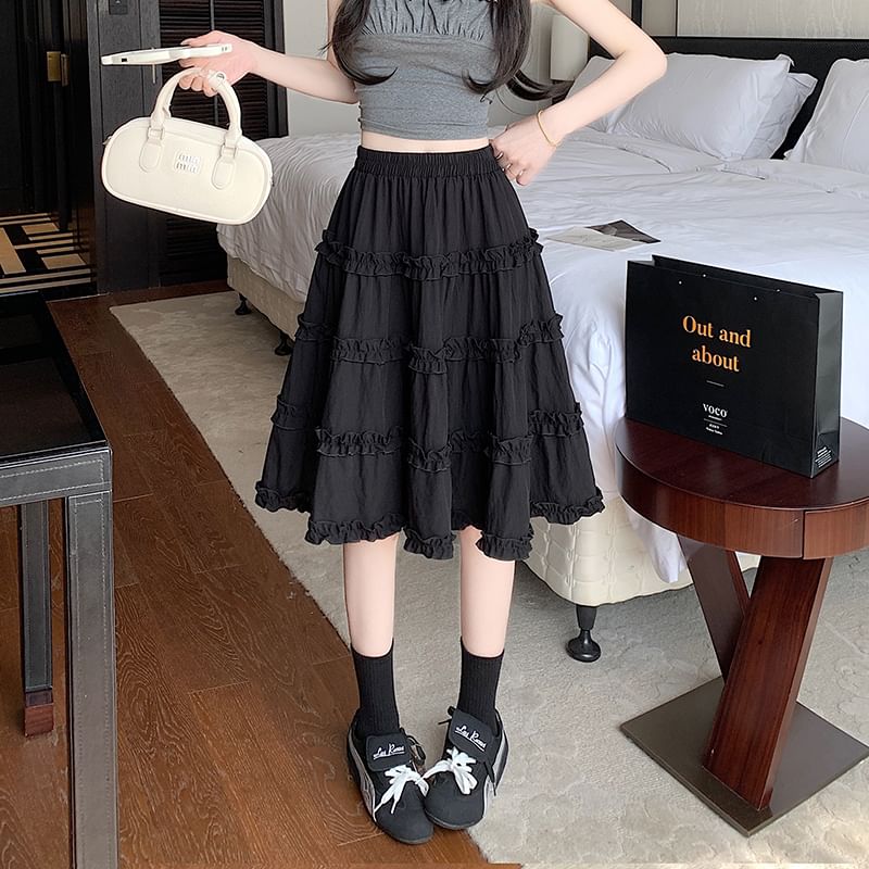 Tiered Trim Skirt Ruffle Waist Elastic A-Line Plain