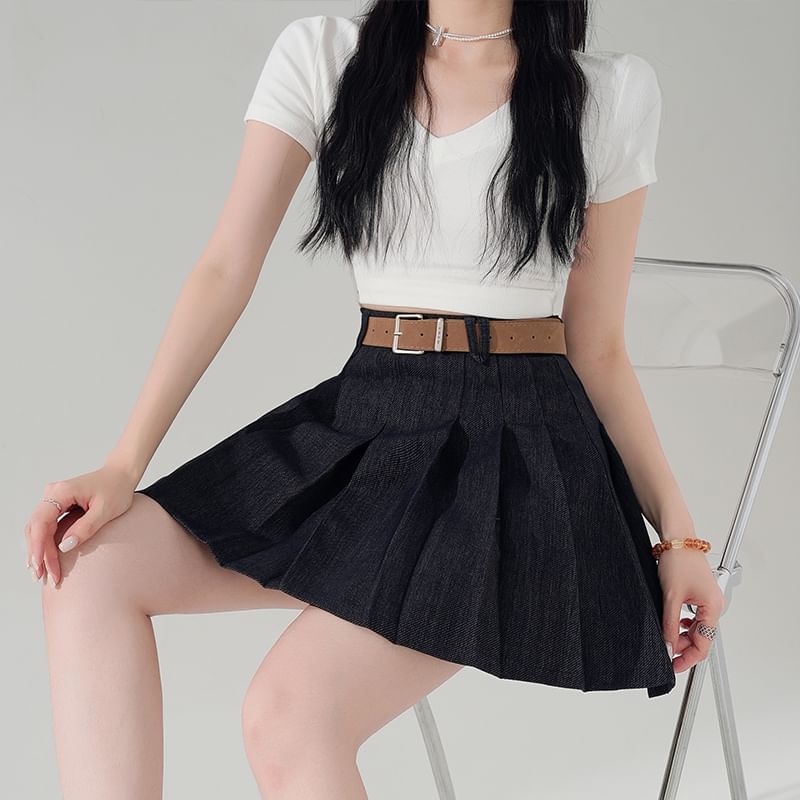 Denim High Skirt A-Line Pleated Waist Mini
