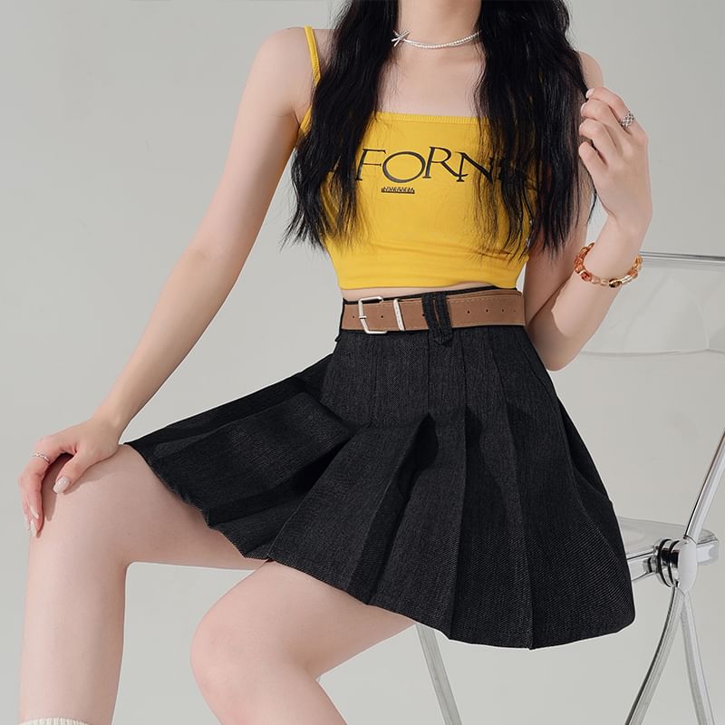 Denim High Skirt A-Line Pleated Waist Mini
