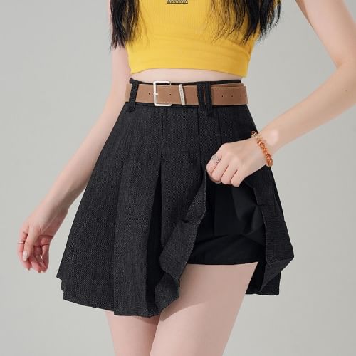Denim High Skirt A-Line Pleated Waist Mini