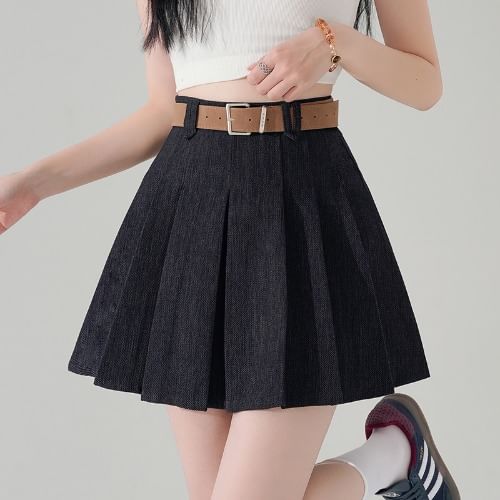 Denim High Skirt A-Line Pleated Waist Mini