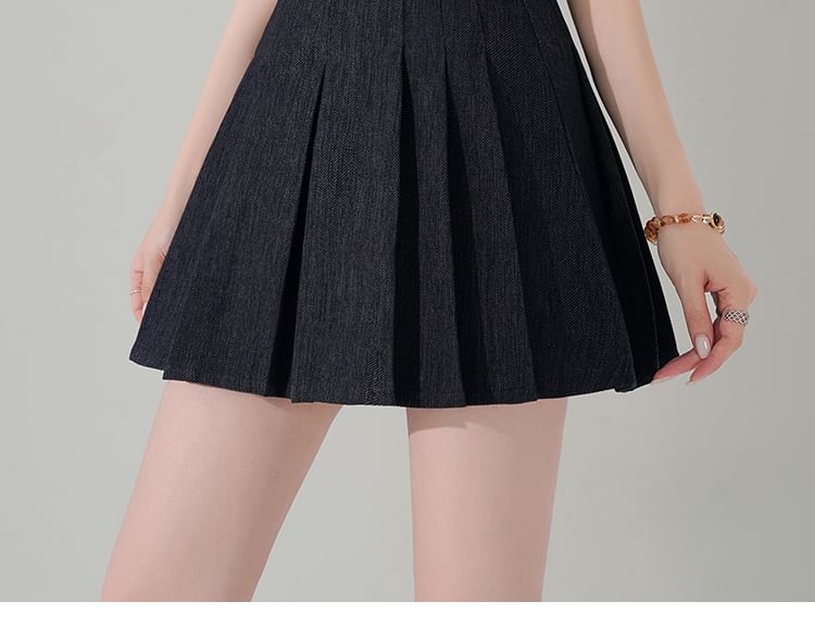 Denim High Skirt A-Line Pleated Waist Mini