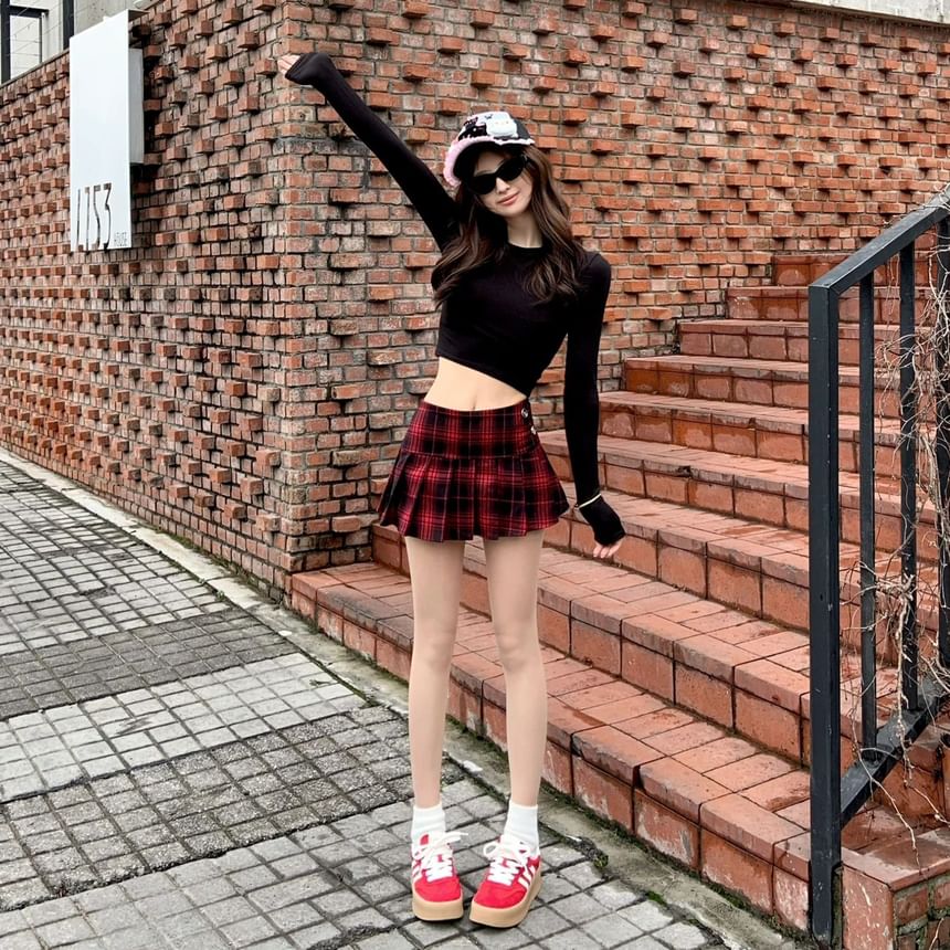 Plaid Waist High Pleated Mini A-Line Skirt